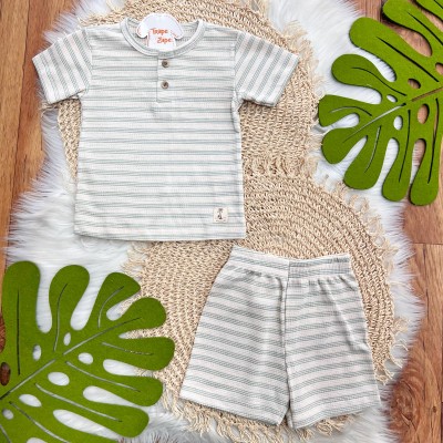  Conj. Camiseta Beach e Bermuda Listrada - Verde e Areia